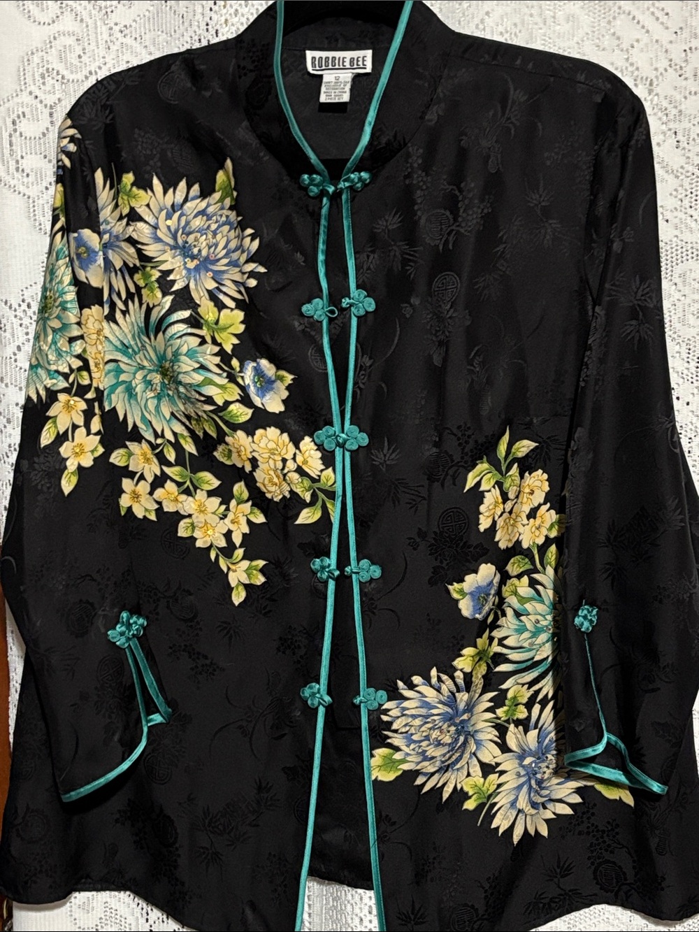 Robbie Bee Black Floral Satin Sz 12 Mandarin Collar Tunic with Teal Trim